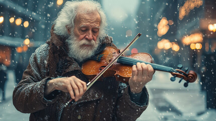 Fototapeta premium senior man plays violin in snow, creating serene winter atmosphere