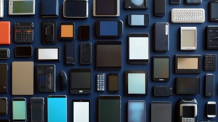 A diverse array of portable electronic devices laid out in an artistic pattern, 