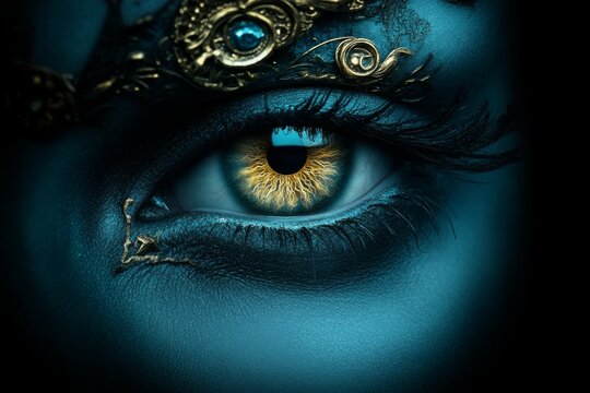 A gothic depiction of a mysterious eye with a glowing golden iris, surrounded by dark shadows and ornate patterns