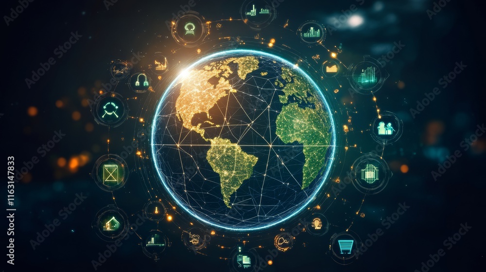 Poster globe surrounded by icons representing various esg concepts and themes