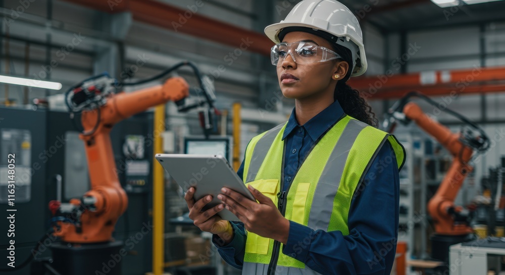 Poster engineer with tablet in modern factory overseeing robotic machinery operations