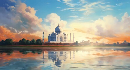 beautiful oil painting of Taj Mahal with clouds