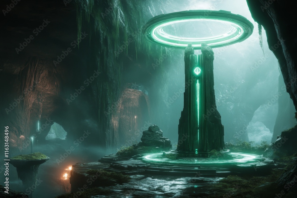 Poster A magical temple supported by glowing ionic columns that emit an ethereal light, surrounded by floating islands