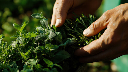 Close-up of hands carefully arranging fresh herbs, like basil and rosemary, in a kitchen garden pot, showcasing the vibrant greens and the nurturing process of gardening.