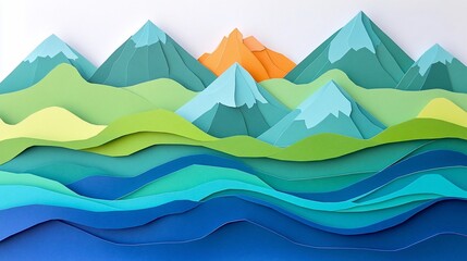 Colorful paper art landscape of mountains and ocean waves.