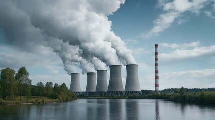 Cooling towers and smoke emission from chimneys reflecting on calm river water under dramatic cloudy sky