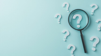 Obraz premium Searching for answers with magnifying glass and question marks on blue background