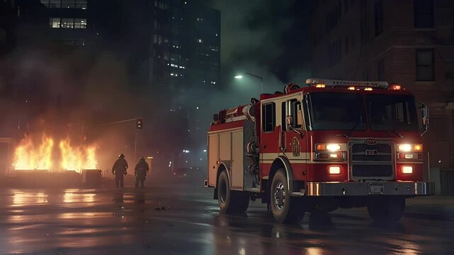 A fire engine stands next to a burning building at night. Seamless 4K looping timelapse video animation background