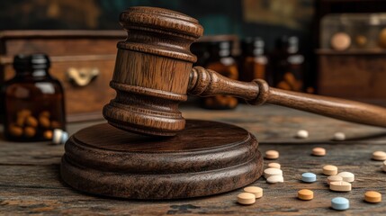 Gavel on table with pills and bottles nearby.