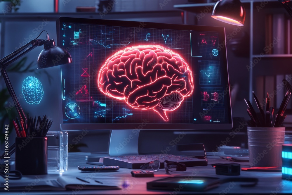 Poster A pixel art depiction of a glowing brain surrounded by animated puzzles and IQ test patterns, with retro gaming aesthetics