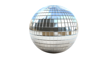 Silver disco mirror ball reflecting light, isolated on white background 