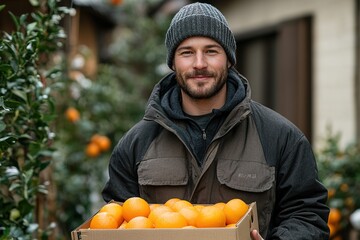 A farmer stands with a box of tangerines, a man picks oranges and tangerines from a citrus plantation, harvesting, picking oranges from a tree