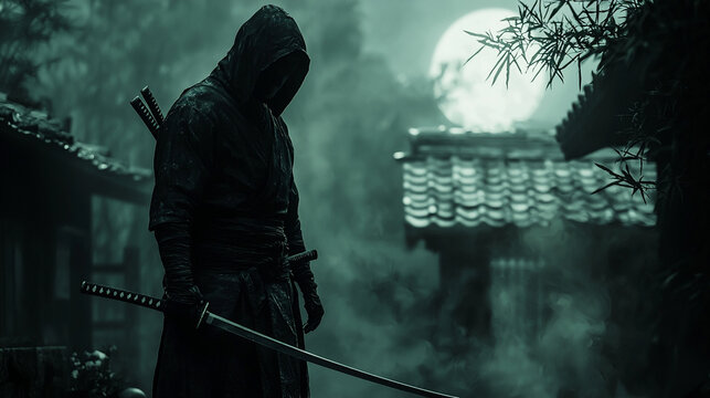刀を持った忍者のシルエットと満月の夜	
