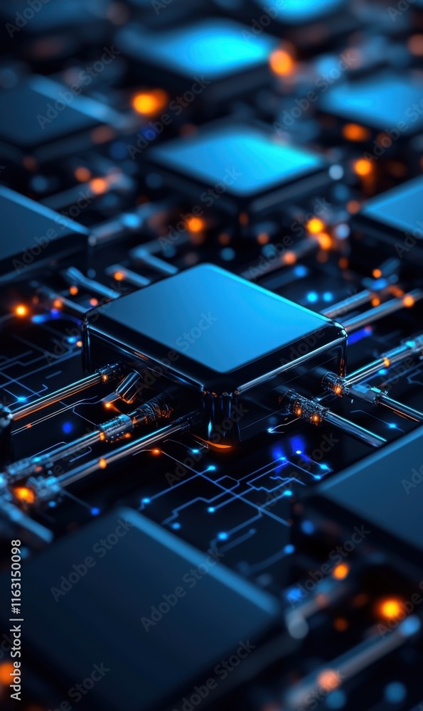 Poster abstract close-up of blue and orange circuit board with electric patterns and microchips illuminated