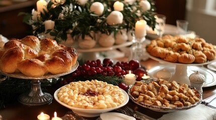 Fototapeta premium Festive table spread with various delicious dishes.