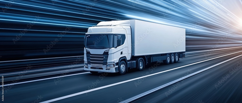 Poster fast moving truck on a highway with motion blur creating a sense of speed and transportation efficie