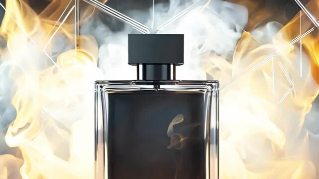 Elegant perfume bottle in glass surrounded by smoke and flames