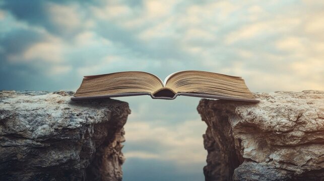 An open book rests on two rocky edges, symbolizing the bridge between knowledge and adventure under a dramatic sky.