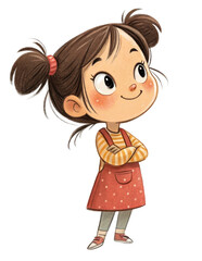 Cute girl character with pigtails and a polka dot dress smiling happily isolated on transparent background