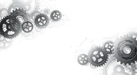 Technology abstract background from gearwheels composition. Horizontal light banner for teamwork, industrial, communication or automation conceptual design