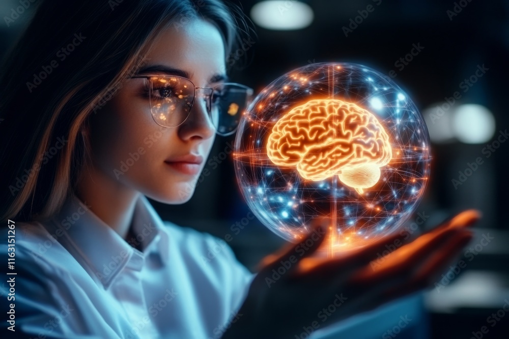 Aufkleber a teacher explaining complex theories with a glowing holographic brain model in the classroom