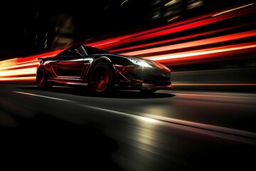 A black car driving fast at night