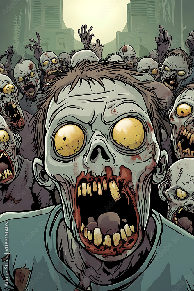 Poster a horde of zombies with exaggerated features and eerie expressions in a dark urban setting.