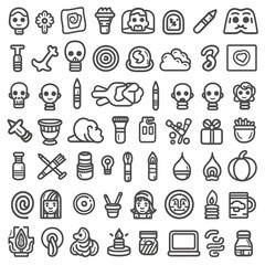 Collection of 80 diverse line art icons, including faces, objects, and symbols.