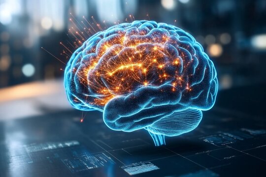 A vibrant digital 3D model of a brain glowing with neural connections, with particle trails representing high IQ