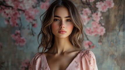 Woman with Brown Hair Posing Against Floral Background