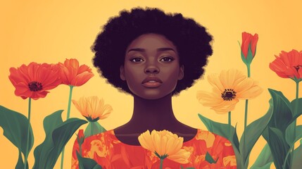 Woman with Afro Amidst Vibrant Orange Flowers