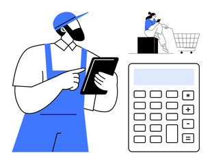 Retail worker in blue uniform holding tablet, woman sitting near shopping cart with phone, large calculator. Ideal for e-commerce, retail management, online shopping, accounting, logistics, mobile