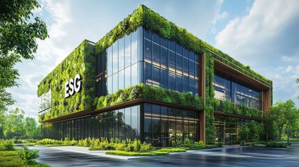 Obraz premium Modern Office Building with Green Walls and Solar Panels