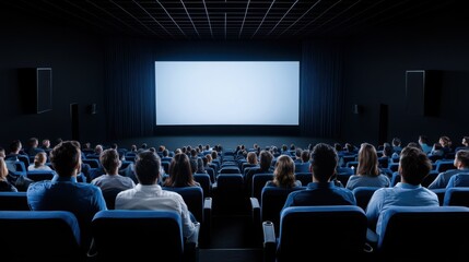 Audience Watching Movie in Dark Cinema with Blank Projector Screen Ready for Film Presentation