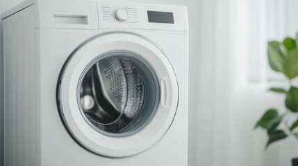 Modern White Washing Machine with Glass Door and Control Panel in Bright Laundry Room Environment