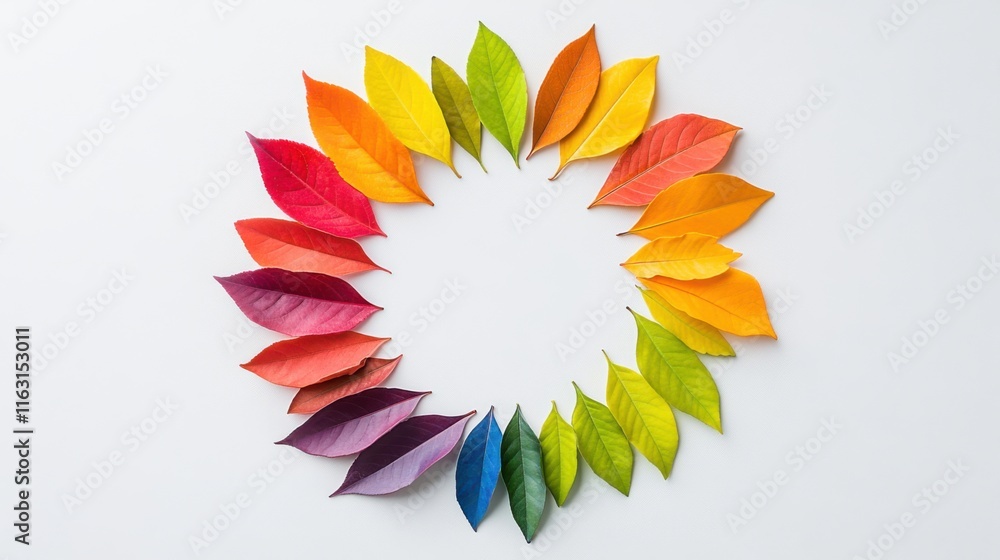 Poster colorful leaves arranged in a circular pattern on a white background for creative design and nature 