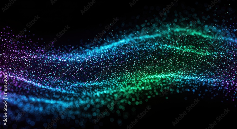 Poster vibrant abstract particle wave in motion on a black background