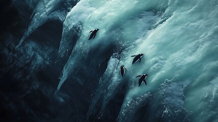 Fototapeta premium Antarctic Penguins Leap of Faith: An Aerial View of Gentoo Penguins Braving Icy Waters