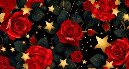 a beautiful background with red roses and gold stars