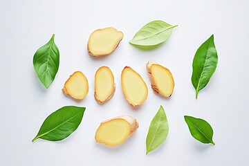 Ginger rhizome with sliced and leaves isolated on white background