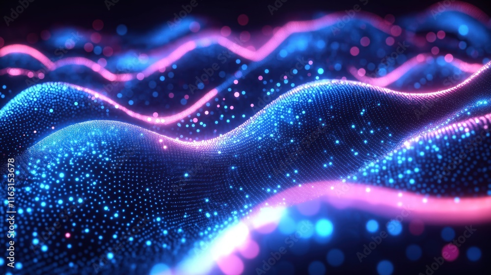 Poster futuristic abstract design with glowing blue, pink digital waves. dynamic flow of data sound represe