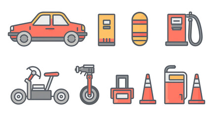 Vehicle icons car, scooter, unicycle, gas station, fuel, cones.