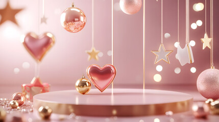 3d rendering of pastel rose gold podium mockup design with star and hearts