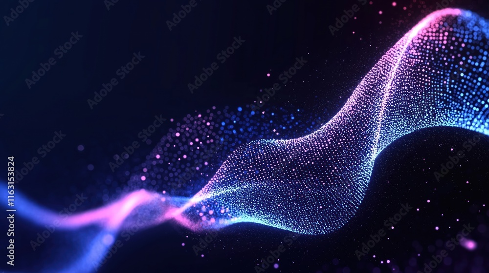 Poster futuristic abstract image shows glowing digital waves. blue, pink dots create dynamic wave patterns.