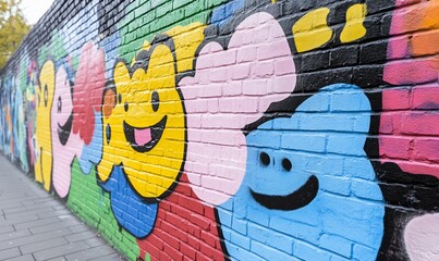 Colorful mural featuring cheerful cartoon faces on a brick wall.