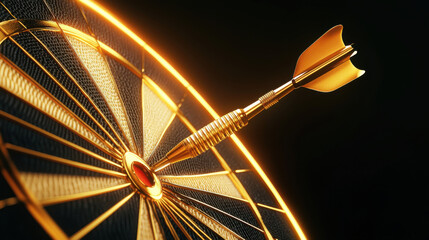 Business direction and target, sleek golden dart striking center of dartboard, symbolizing precision and success