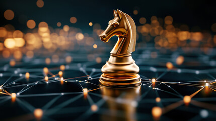Business direction and target, Golden chess knight on sleek black surface with glowing connections