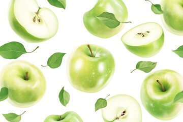 Green apples with green leaf and sliced isolated on white background