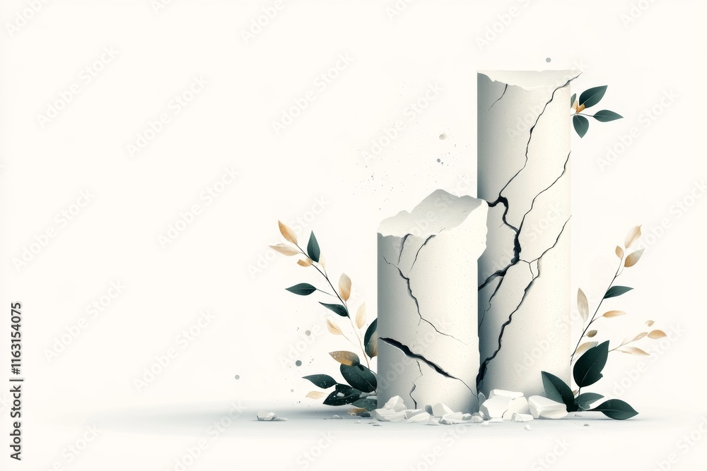 Poster A clean flat design of a broken ionic column, with subtle cracks and vines growing around it, on a white background