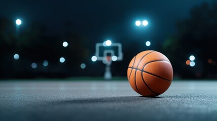 Basketball on Court with Urban Night Scene and Blurry Background of Basketball Hoop and Lights